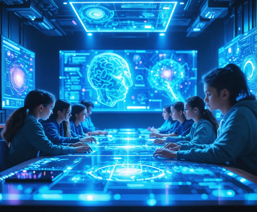 Футуристическая аудитория с голографическими интерфейсами